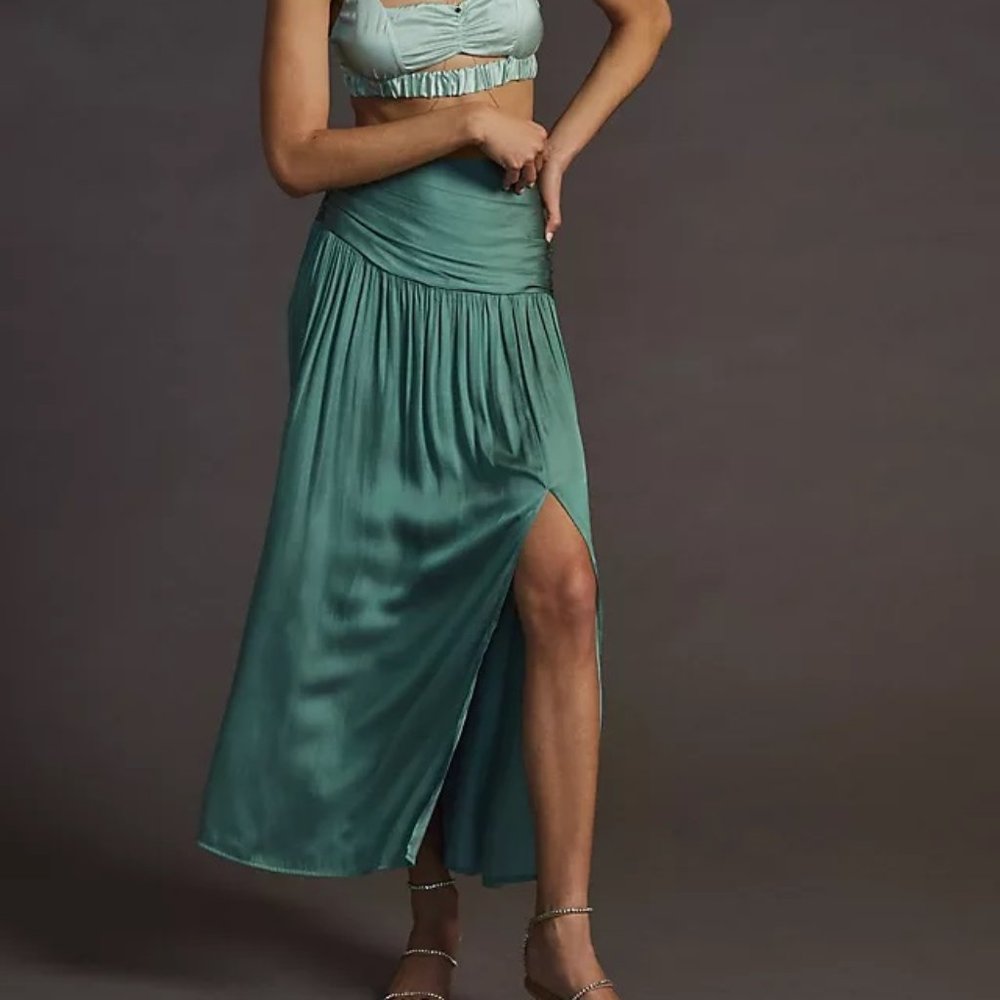 Anthropologie Teal Satin High-Waist Maxi Skirt with Side Slit
